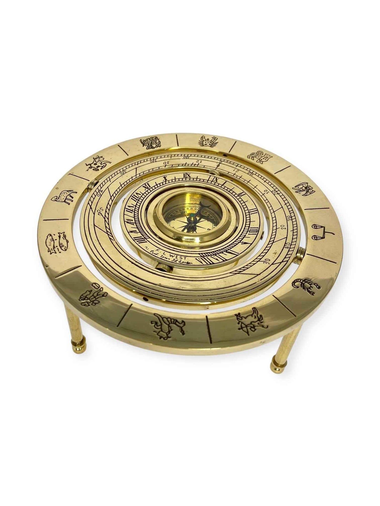 6" Brass Zodiac Compass with Shiny Finish | Astrological Decor & Gift - TAJDAAR HANDICRAFTS