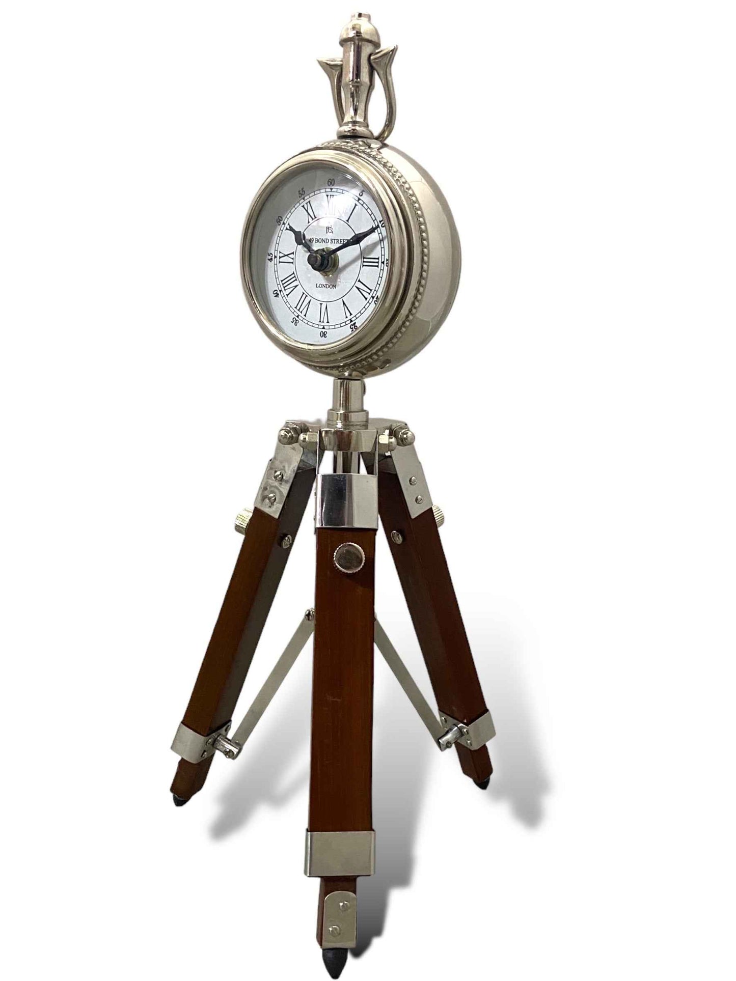 4" Aluminium Nickel Silver Clock on Wooden Tripod Stand - TAJDAAR HANDICRAFTS