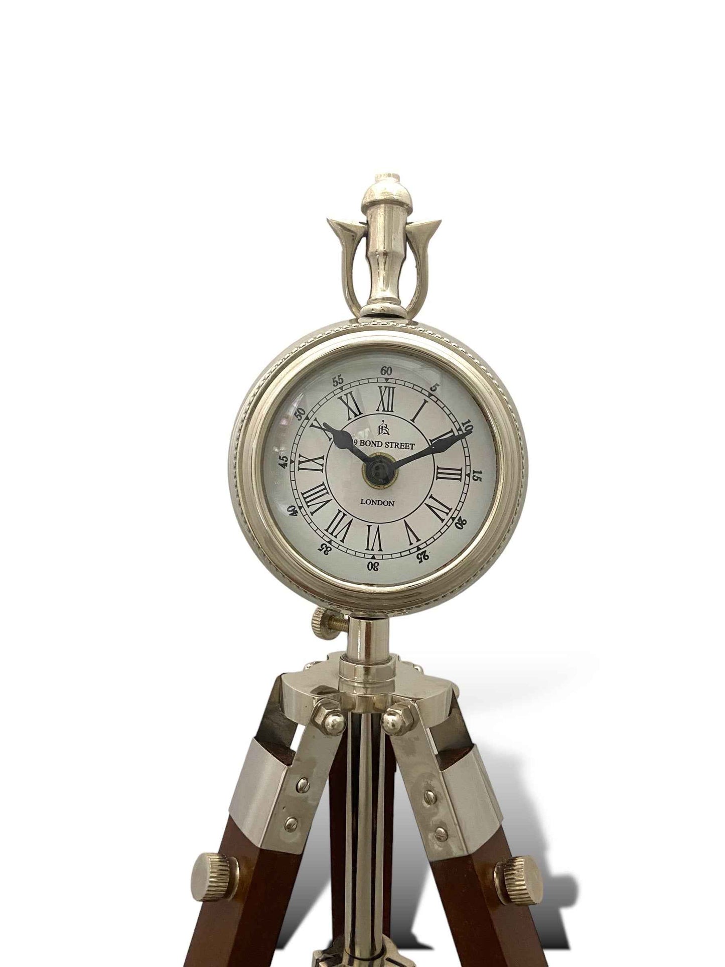 4" Aluminium Nickel Silver Clock on Wooden Tripod Stand - TAJDAAR HANDICRAFTS