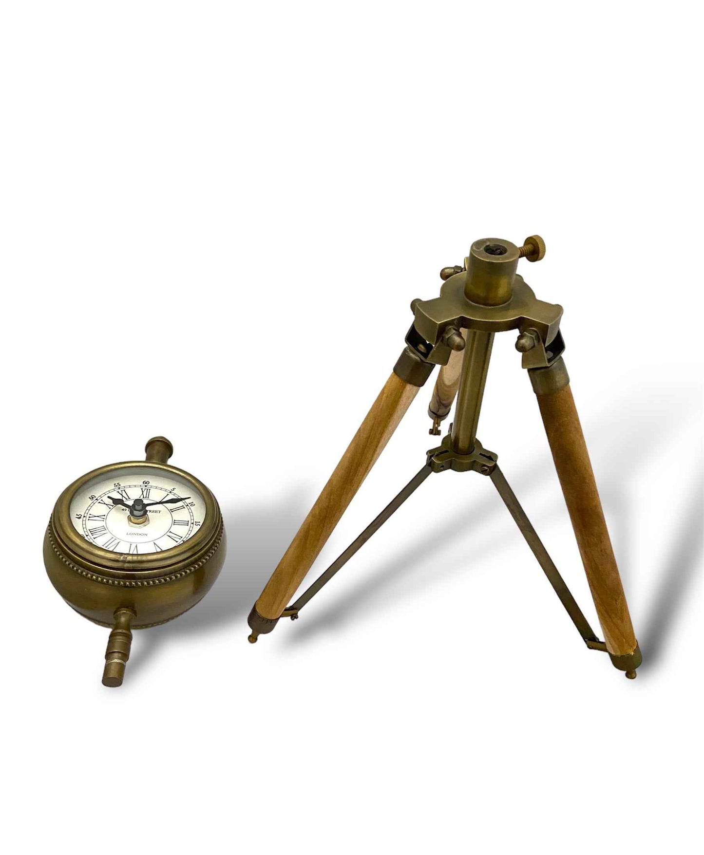 4" Antique Aluminum Clock on Wooden Tripod Stand - TAJDAAR HANDICRAFTS