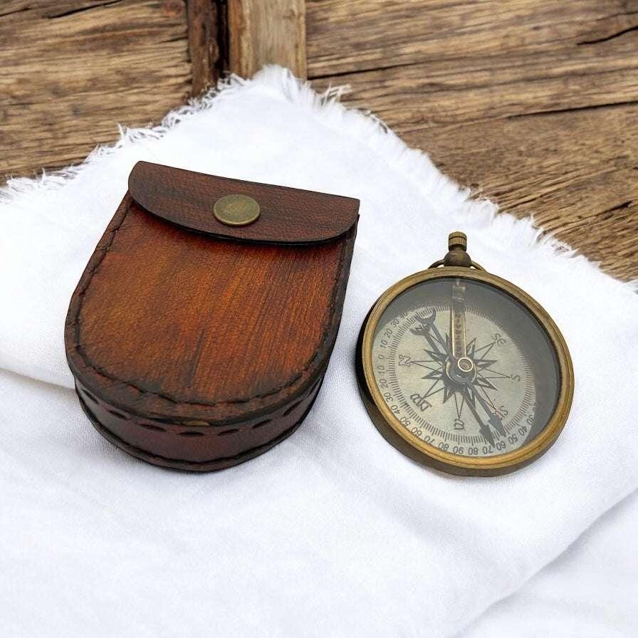 2.5" Brass Navy Compass (Set of 2) Antique Finish with Leather Case - TAJDAAR HANDICRAFTS