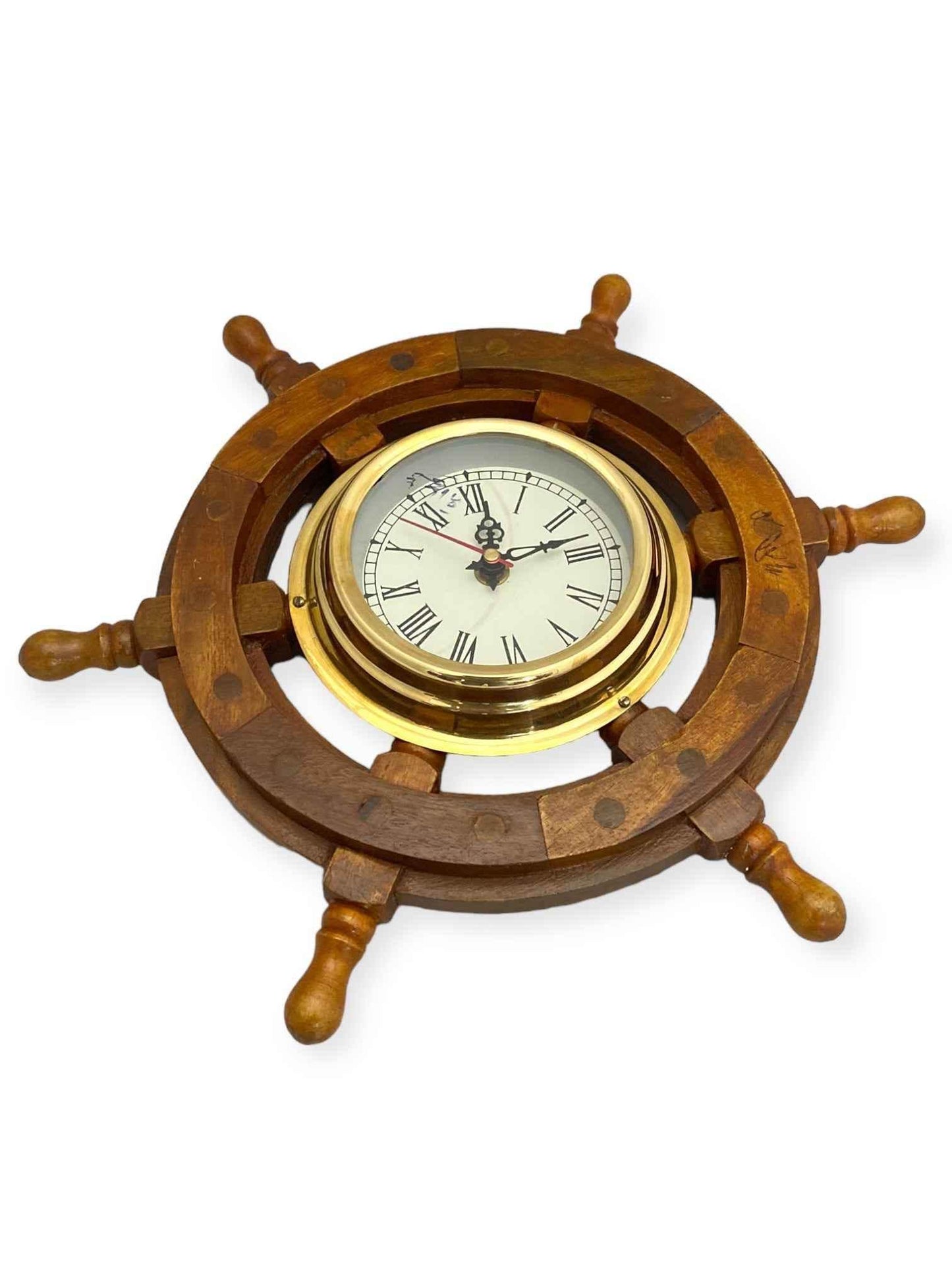 Nautical Brass & Wood Ship Wheel Wall Clock 12 inch - TAJDAAR HANDICRAFTS