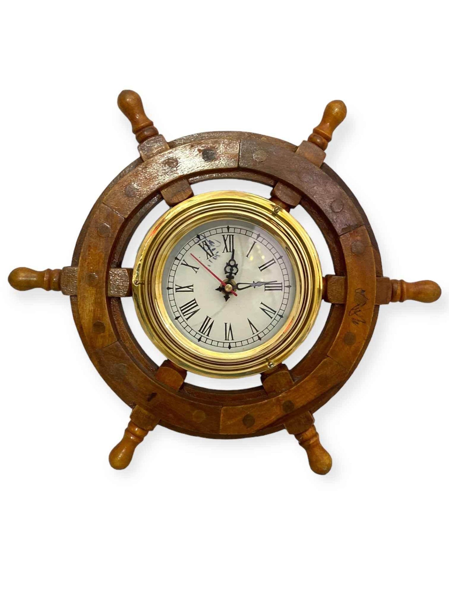 Nautical Brass & Wood Ship Wheel Wall Clock 12 inch - TAJDAAR HANDICRAFTS