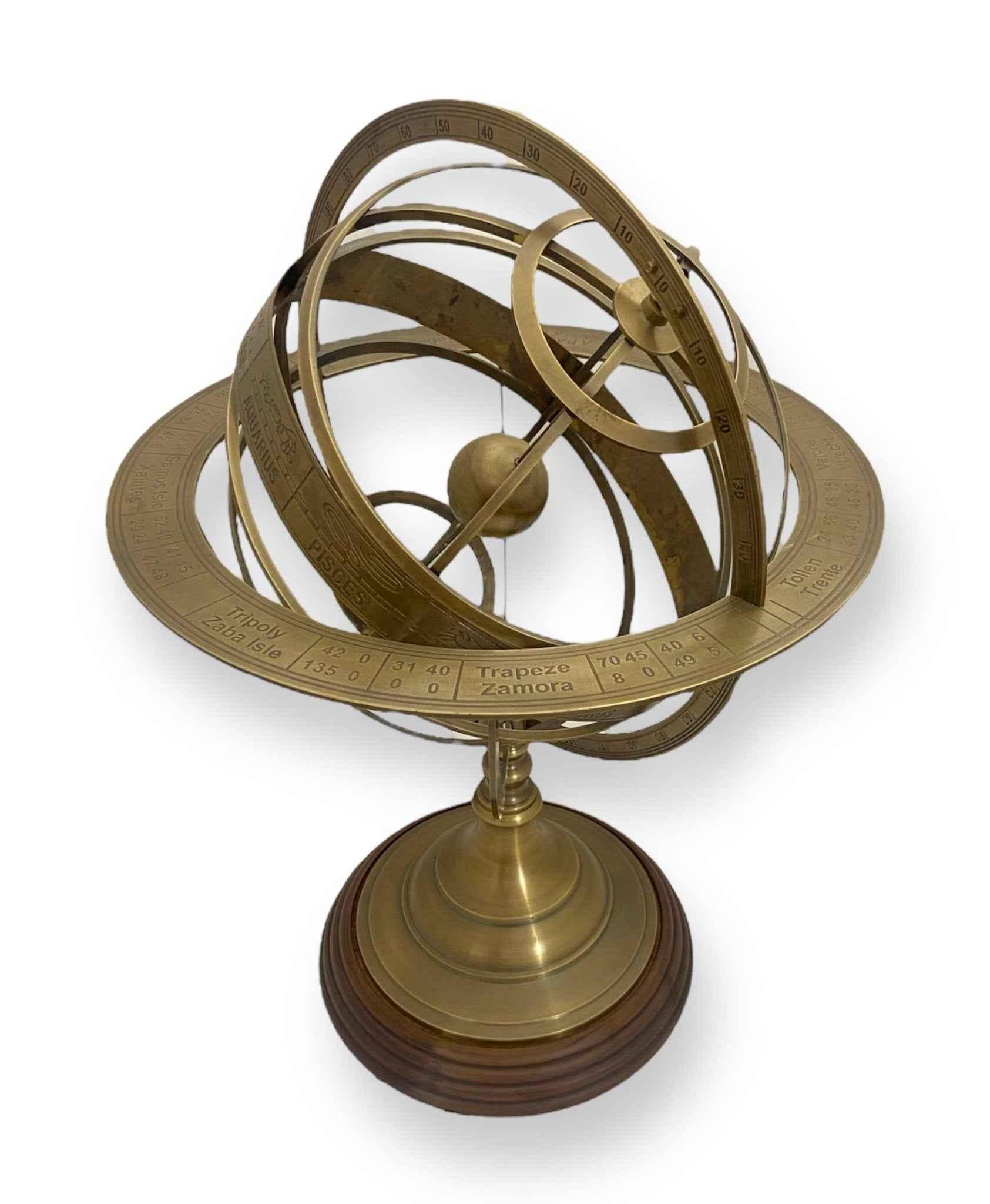 20" Luxury Zodiac Armillary Sphere – Antique Brass & Premium Wood Decor - TAJDAAR HANDICRAFTS