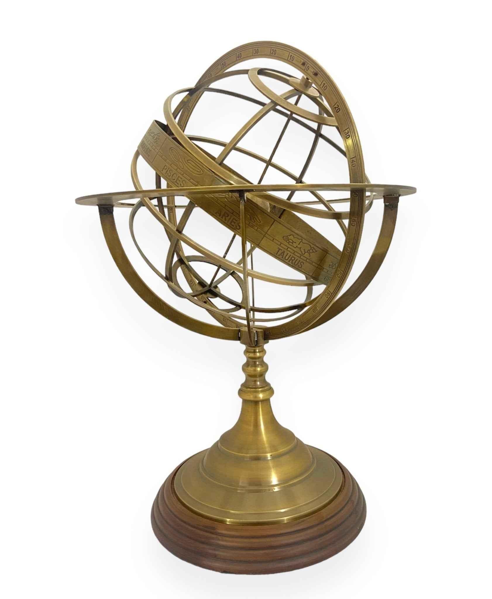 20" Luxury Zodiac Armillary Sphere – Antique Brass & Premium Wood Decor - TAJDAAR HANDICRAFTS