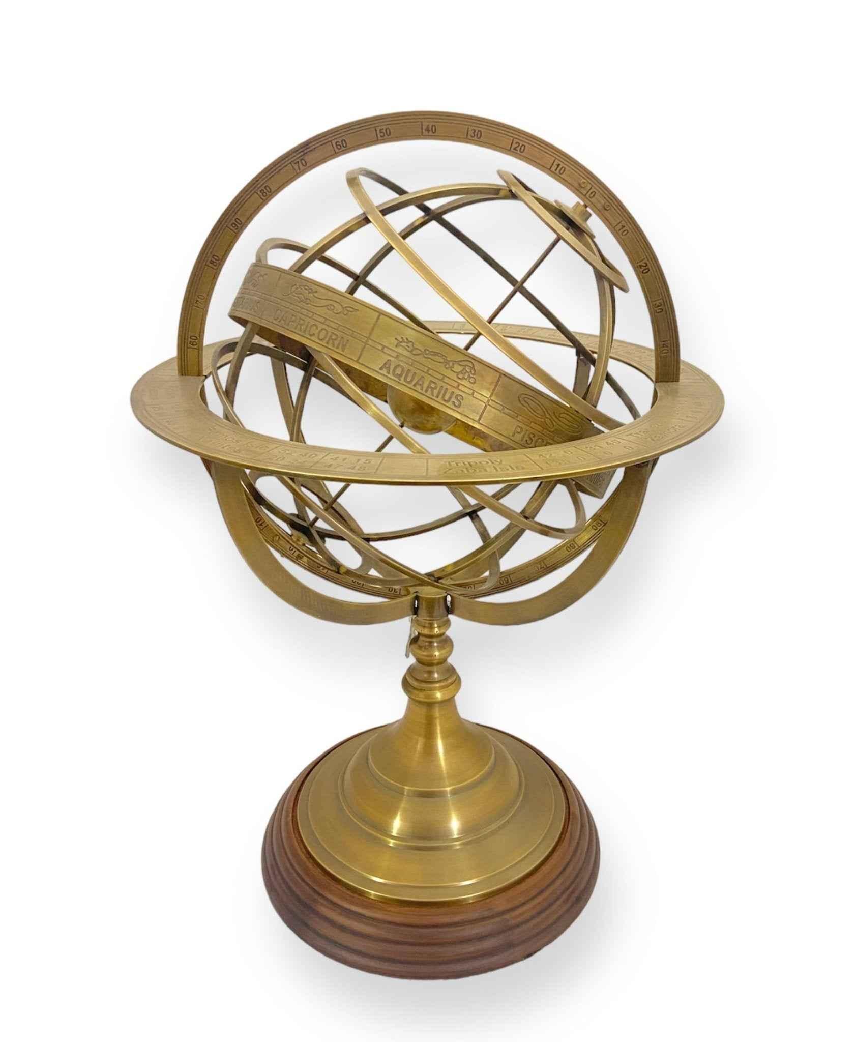20" Luxury Zodiac Armillary Sphere – Antique Brass & Premium Wood Decor - TAJDAAR HANDICRAFTS