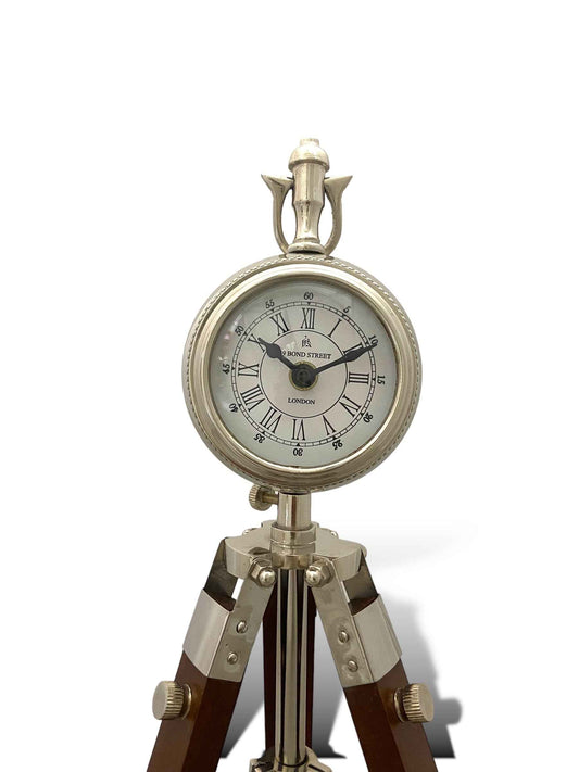 4" Aluminium Nickel Silver Clock on Wooden Tripod Stand