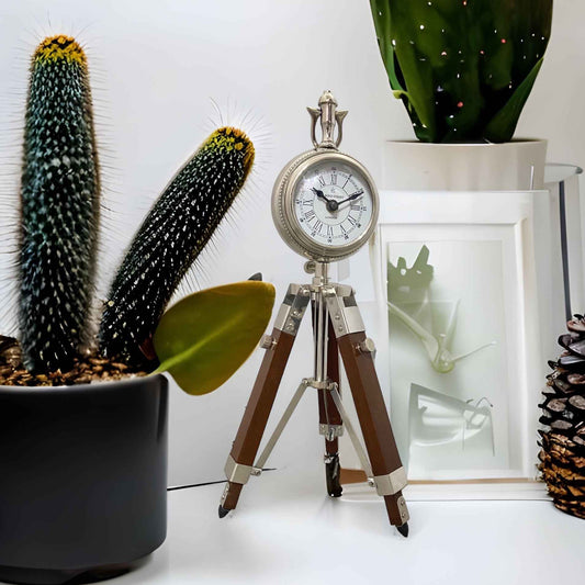4" Aluminium Nickel Silver Clock on Wooden Tripod Stand
