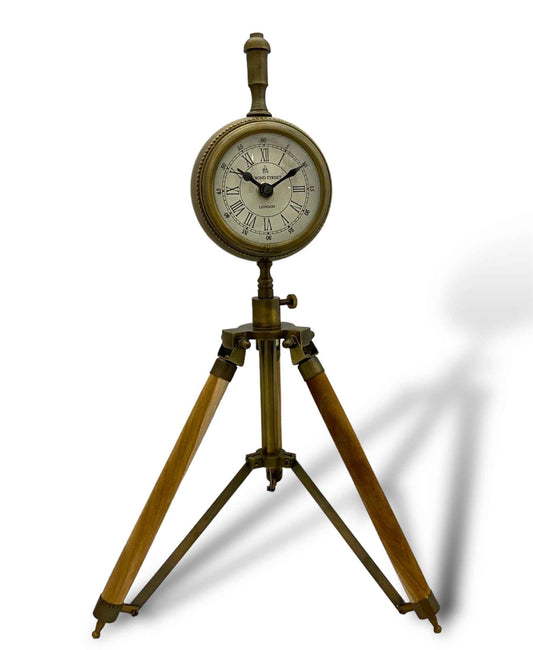 4" Antique Aluminum Clock on Wooden Tripod Stand