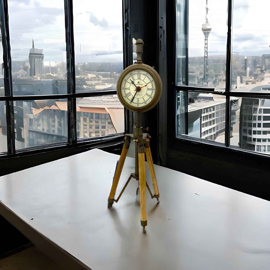 4" Antique Aluminum Clock on Wooden Tripod Stand