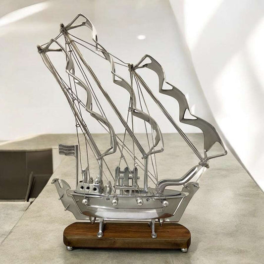 24-Inch Aluminium Ship Model on Wooden Base – Nautical Home Decor