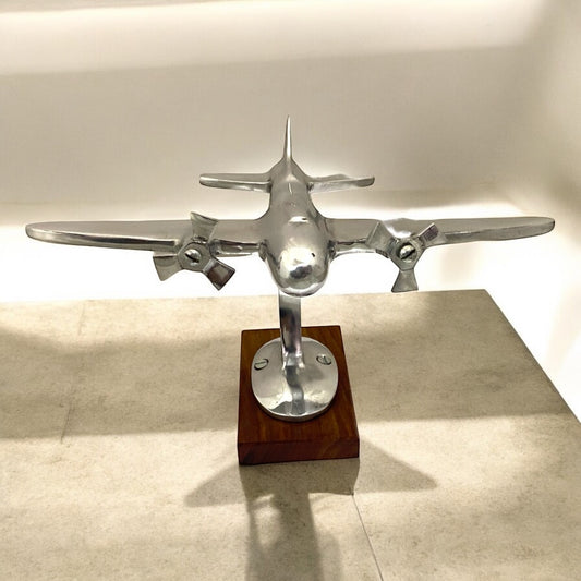 6-Inch Aluminium Aircraft Sculpture on Wooden Stand – Desk Decor