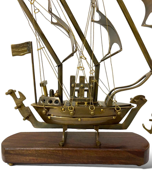 Brass Ship on Wooden Base – Antique Nautical Decor - TAJDAAR HANDICRAFTS
