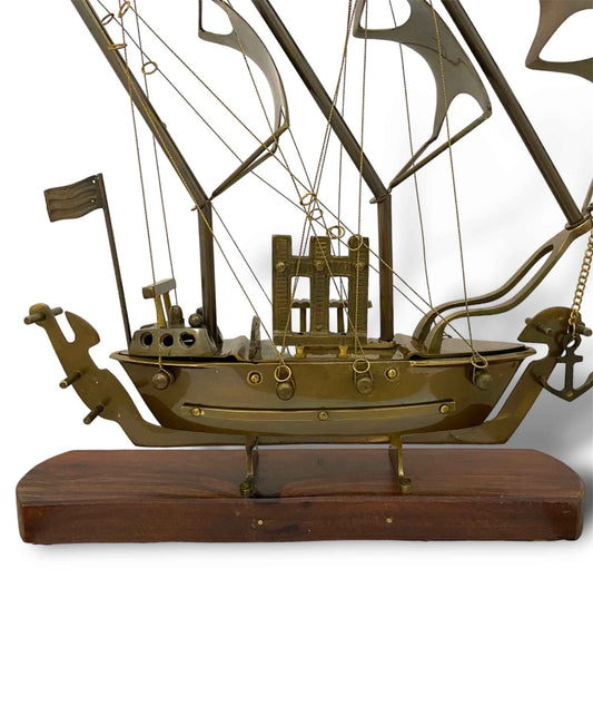 Brass Ship on Wooden Base – Antique Nautical Decor - TAJDAAR HANDICRAFTS