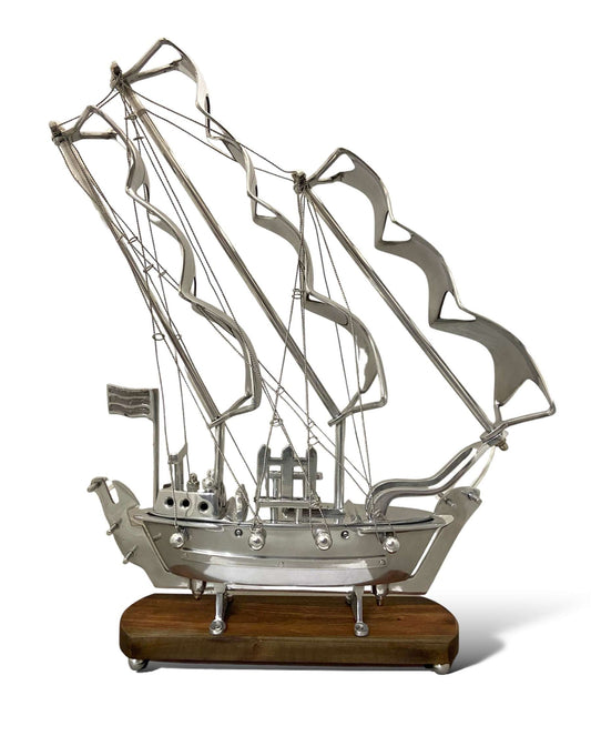 24-Inch Aluminium Ship Model on Wooden Base – Nautical Home Decor