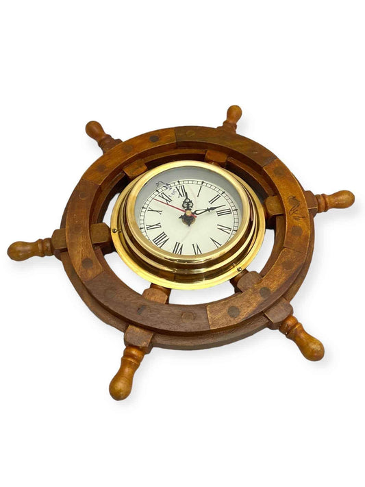 Nautical Brass &amp; Wood Ship Wheel Wall Clock 12 inch - TAJDAAR HANDICRAFTS