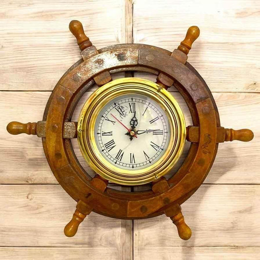 Nautical Brass &amp; Wood Ship Wheel Wall Clock 12 inch - TAJDAAR HANDICRAFTS